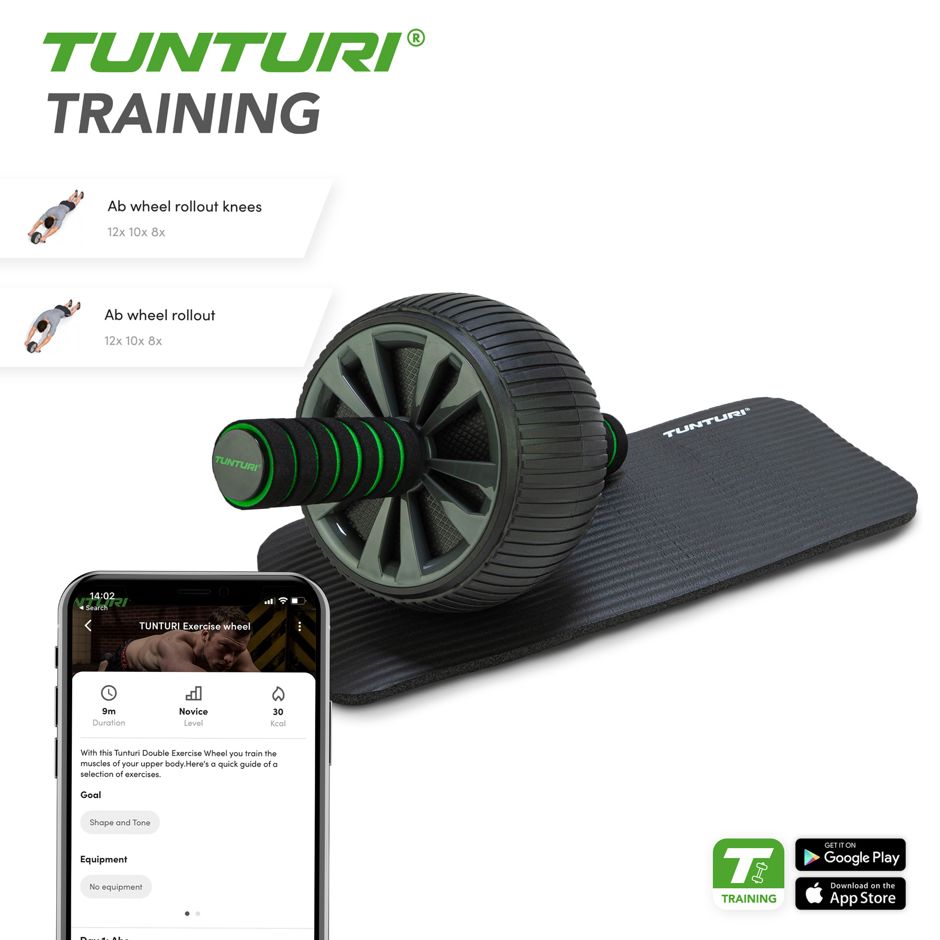 Kõhulihaste treeningrull TUNTURI Pro Exercise Wheel Deluxe, põlvematiga
