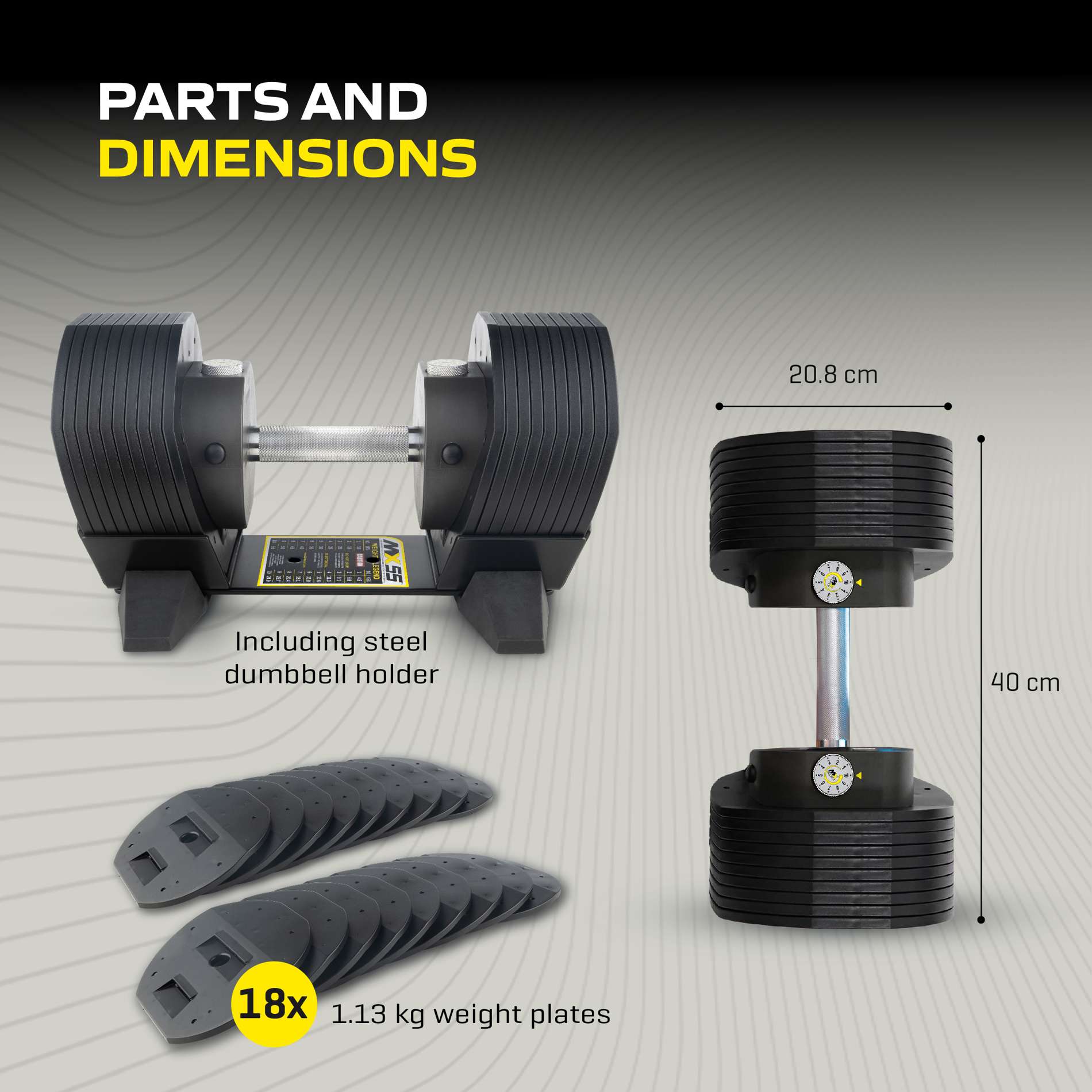 Reguleeritav hantel TUNTURI MX55 Dumbbell 4,5-24,9 kg, knurled