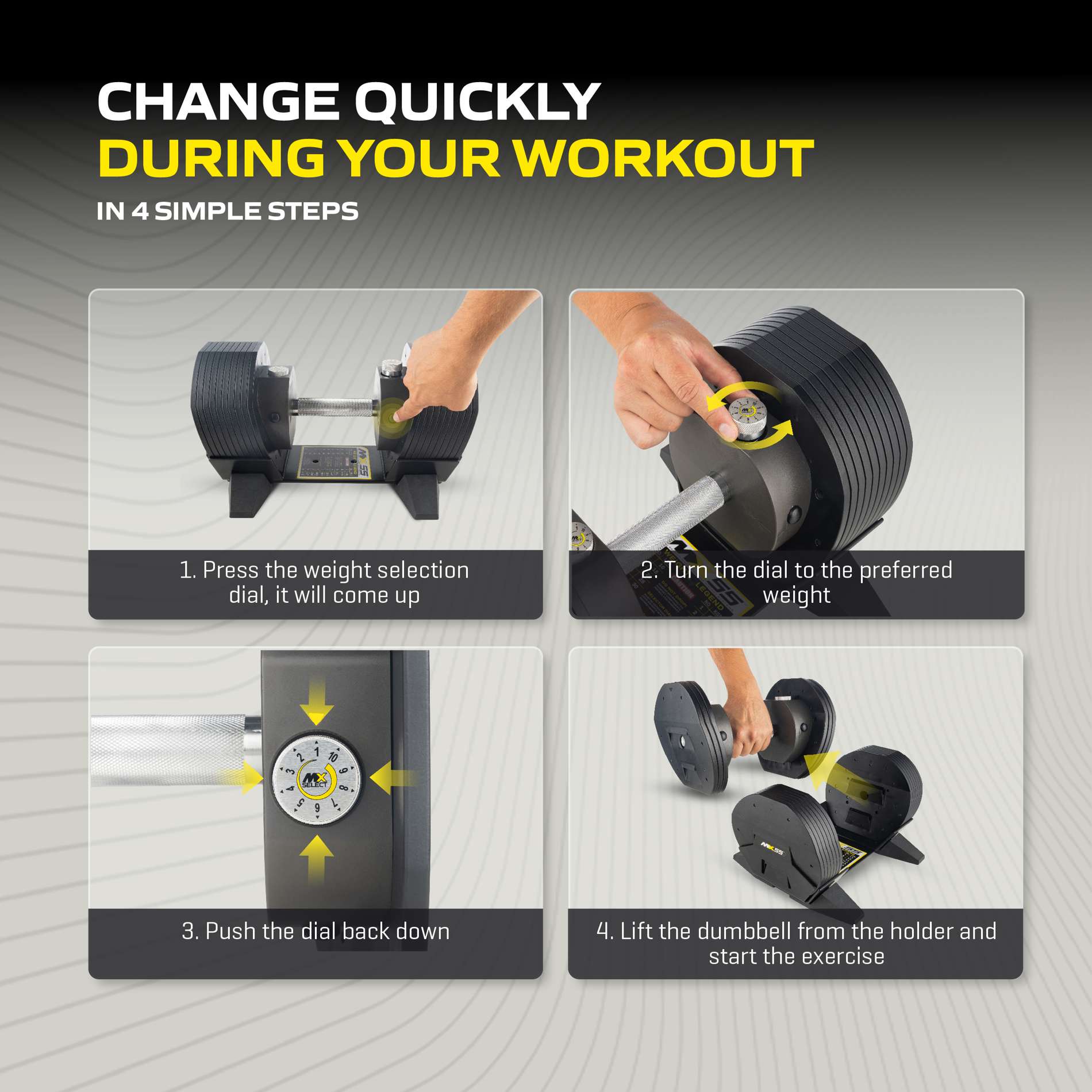 Reguleeritav hantel TUNTURI MX55 Dumbbell 4,5-24,9 kg, knurled