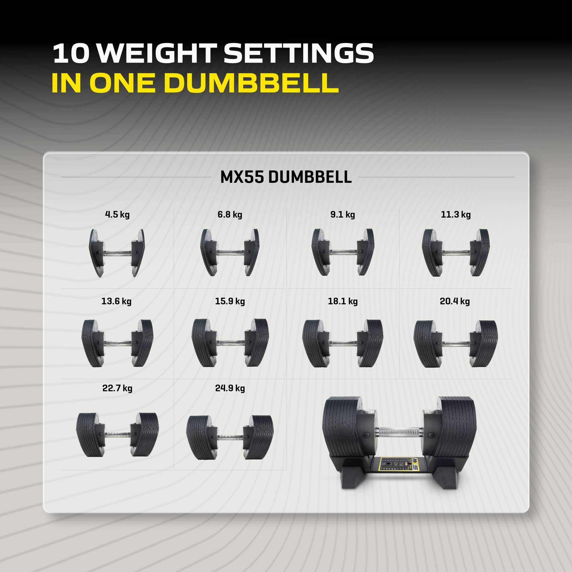 Reguleeritav hantel TUNTURI MX55 Dumbbell 4,5-24,9 kg, knurled