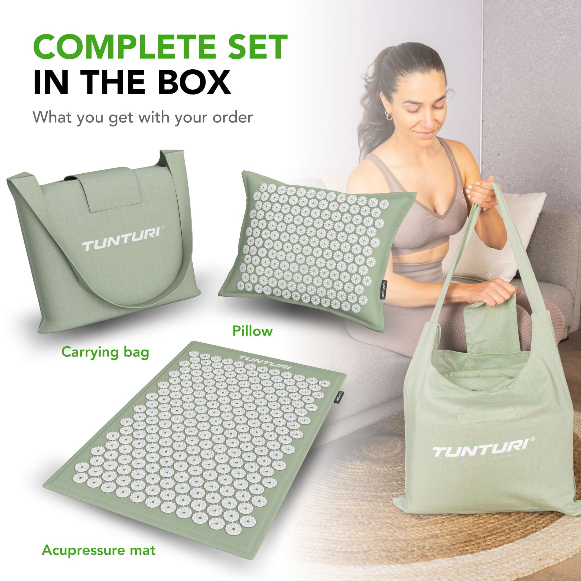Punktimassaaži matt jaa padi TUNTURI PRO Acupressure Mat And Pillow, Mint
