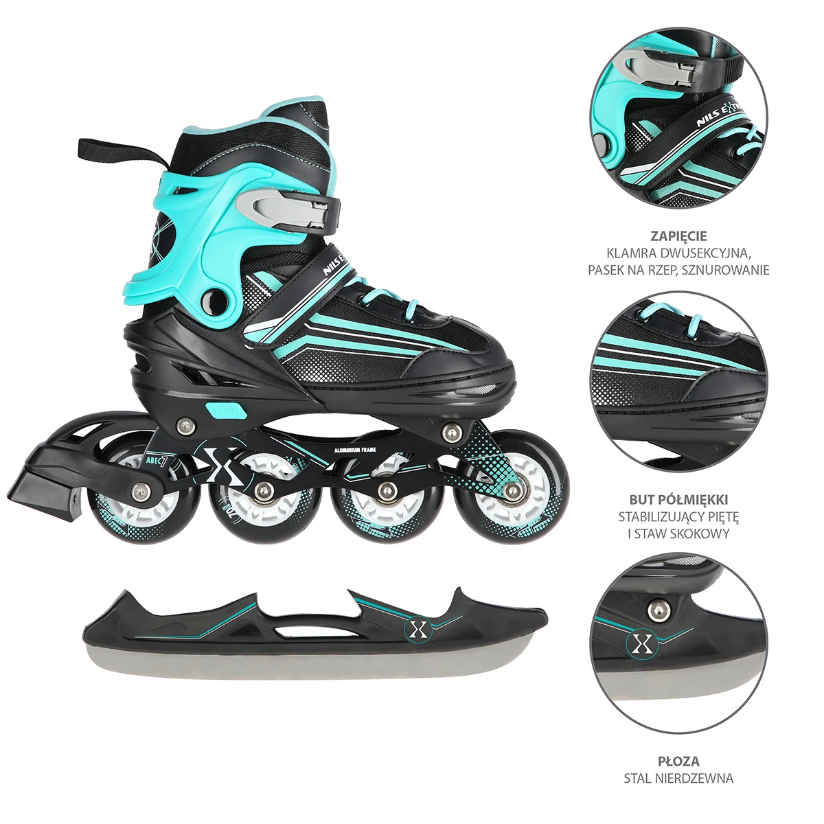 2in1 (rull)uisud NILS EXTREME NH18190 In-line Skates/Hockey Ice Skates, S (29-33) Black/Blue