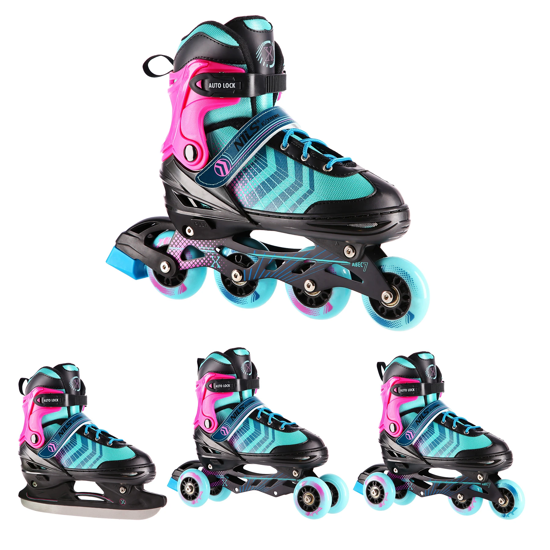 4in1 (rull)uisud NILS EXTREME NH18192 In-line Skates/Hockey Ice Skates, L (39-43), Black/Violet