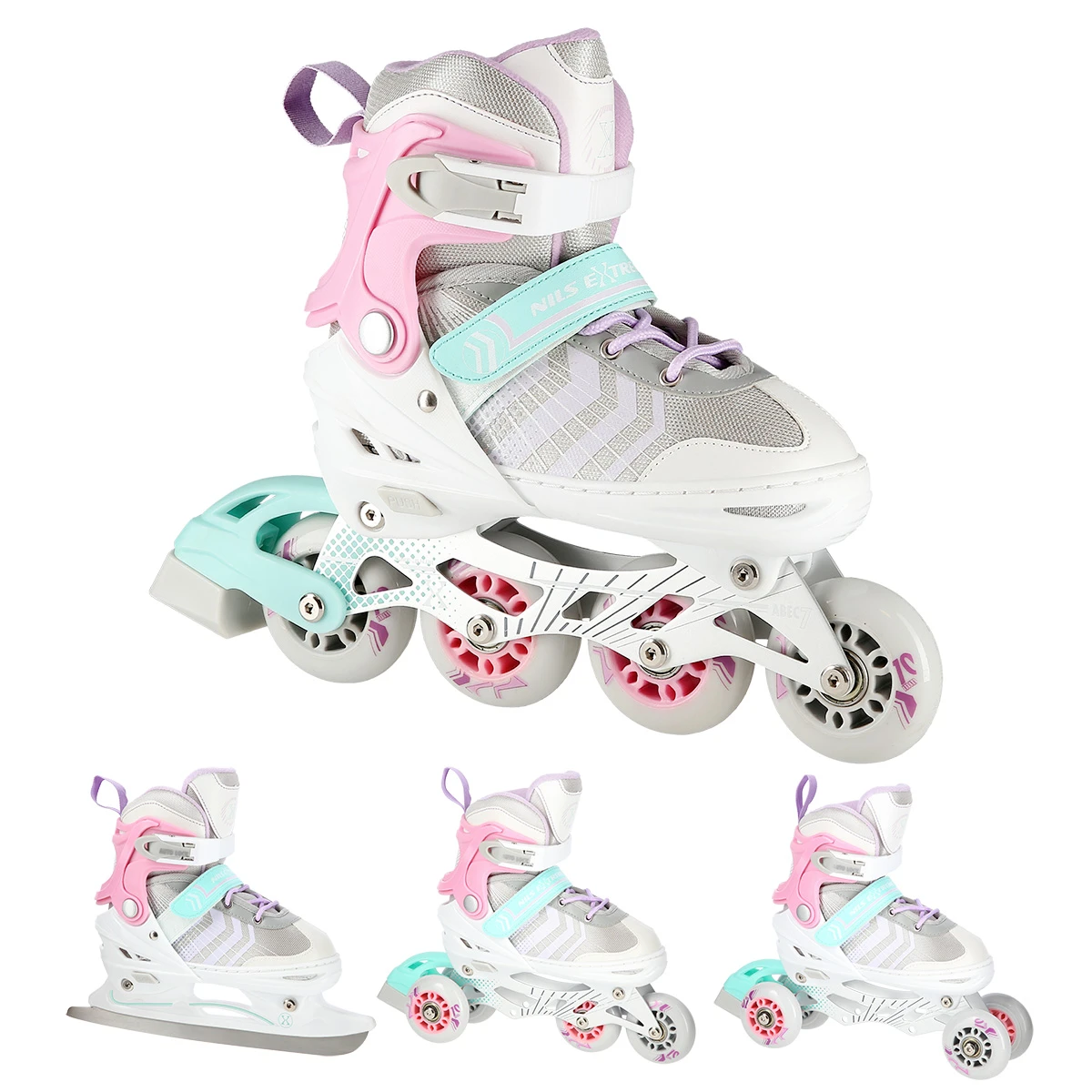 4in1 (rull)uisud NILS EXTREME NH18192,  In-line Skates/Hockey Ice Skates, S (29-33), Pink/Mint/White