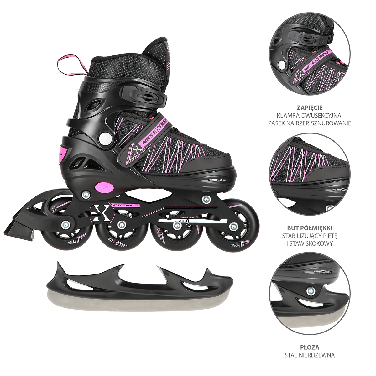 2in1 (rull)uisud NILS EXTREME NH11912A In-line Skates/Hockey Ice Skates, S (31-34), Black/Pink