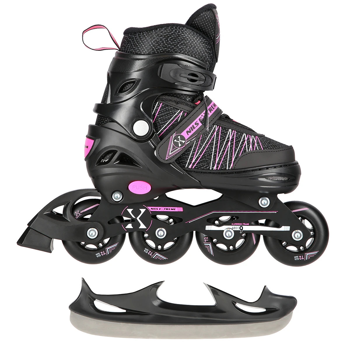 2in1 (rull)uisud NILS EXTREME NH11912A In-line Skates/Hockey Ice Skates, S (31-34), Black/Pink