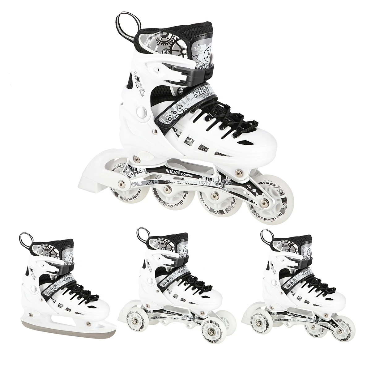 4in1 (rull)uisud NILS EXTREME NH10905 LED In-line Skates/Hockey Ice Skates, S (31-34), White/Black
